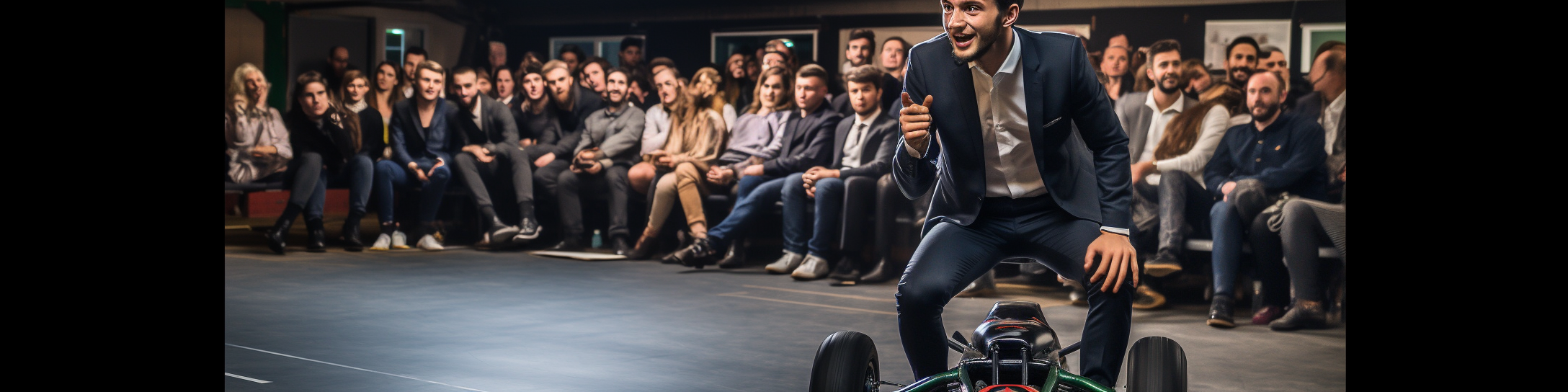 Young German professor challenging students to go-kart race