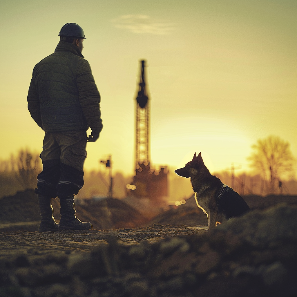 German Shepherd overseeing construction with owner