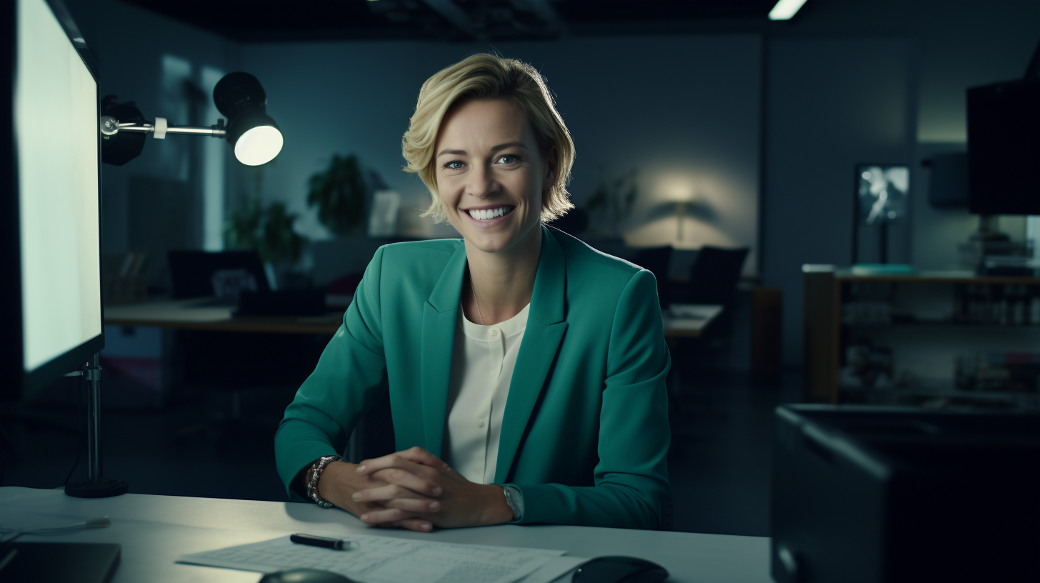 Happy German Woman Talking at Desk