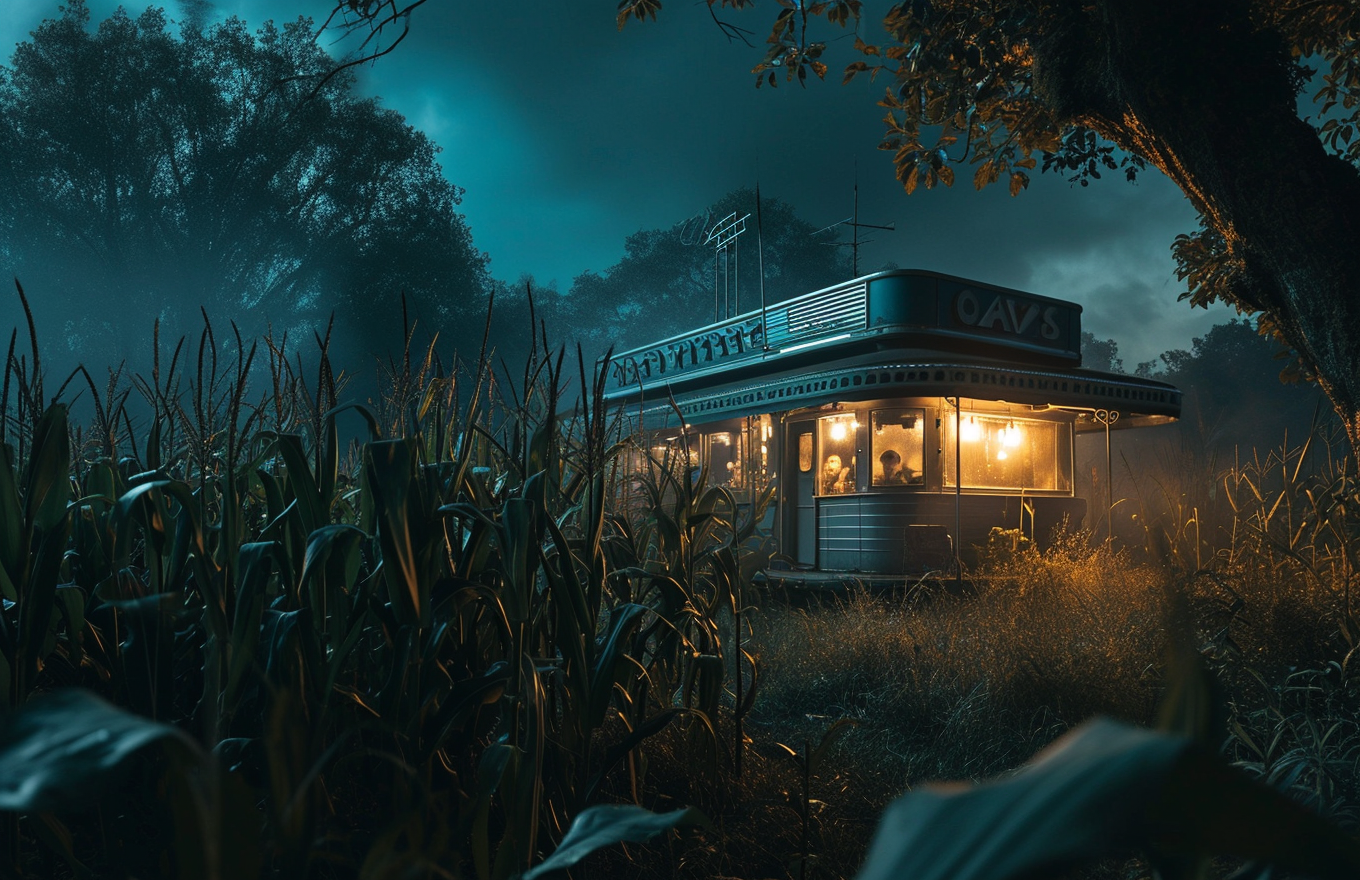 Enigmatic 1950s diner in corn field