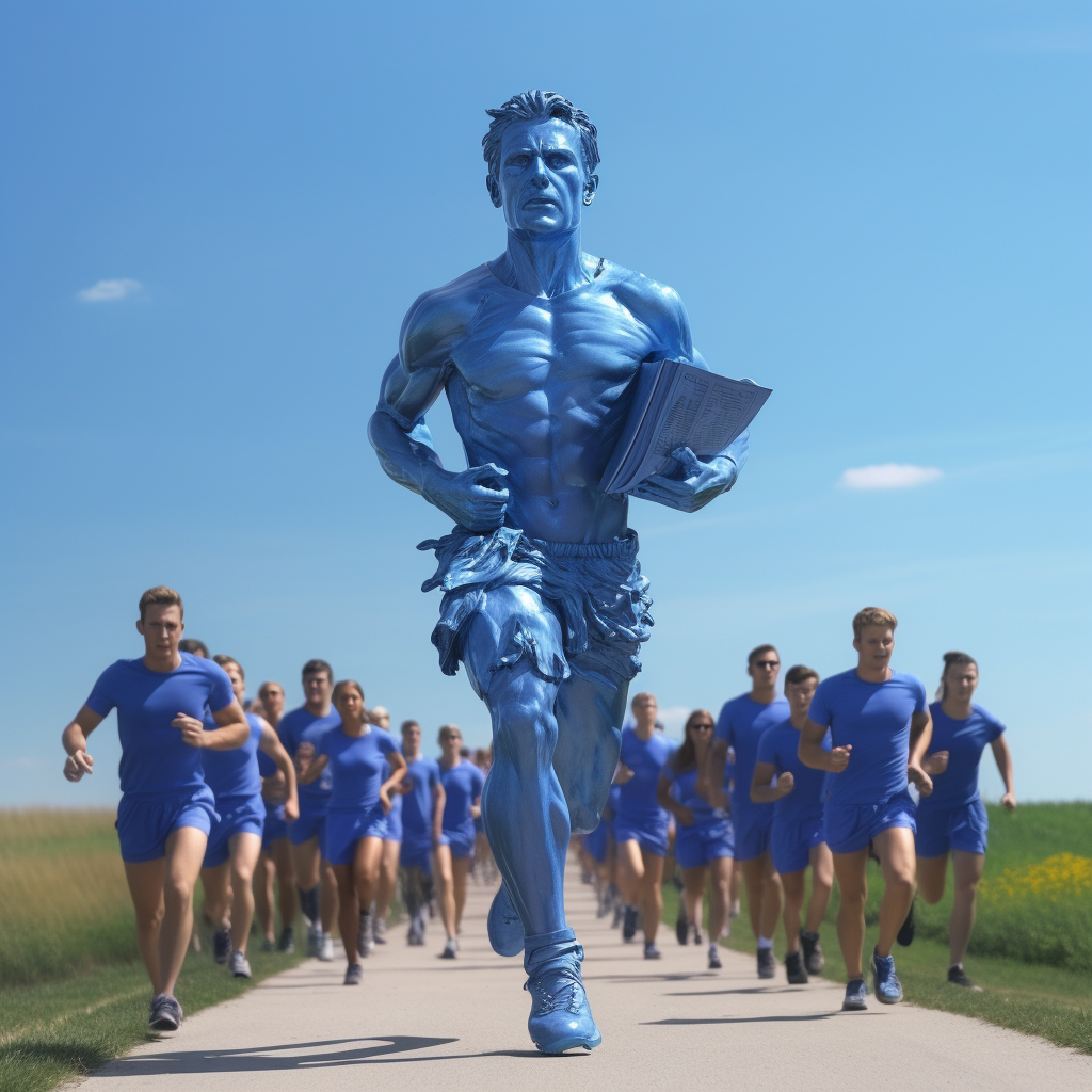 Blue book statue with runners