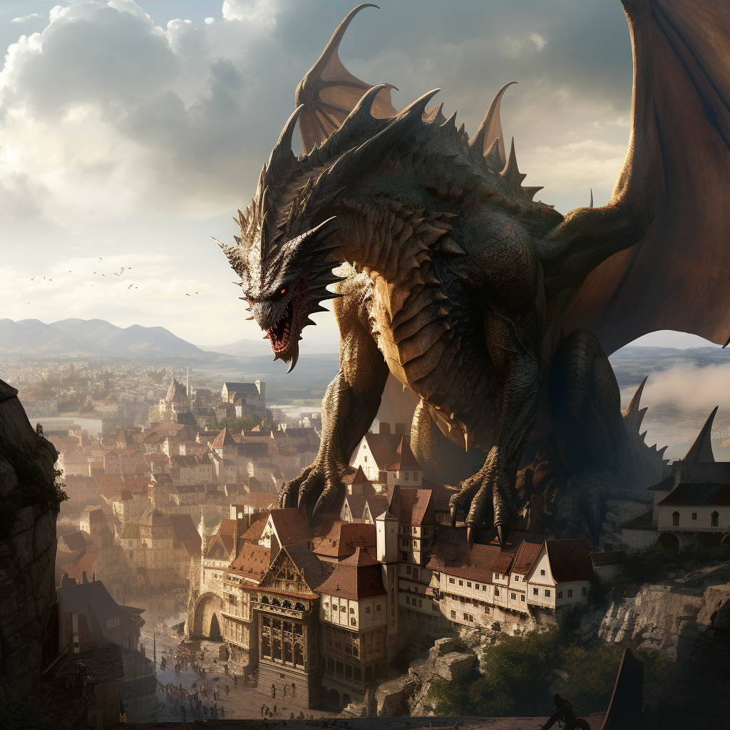 Giant dragon crushing medieval city