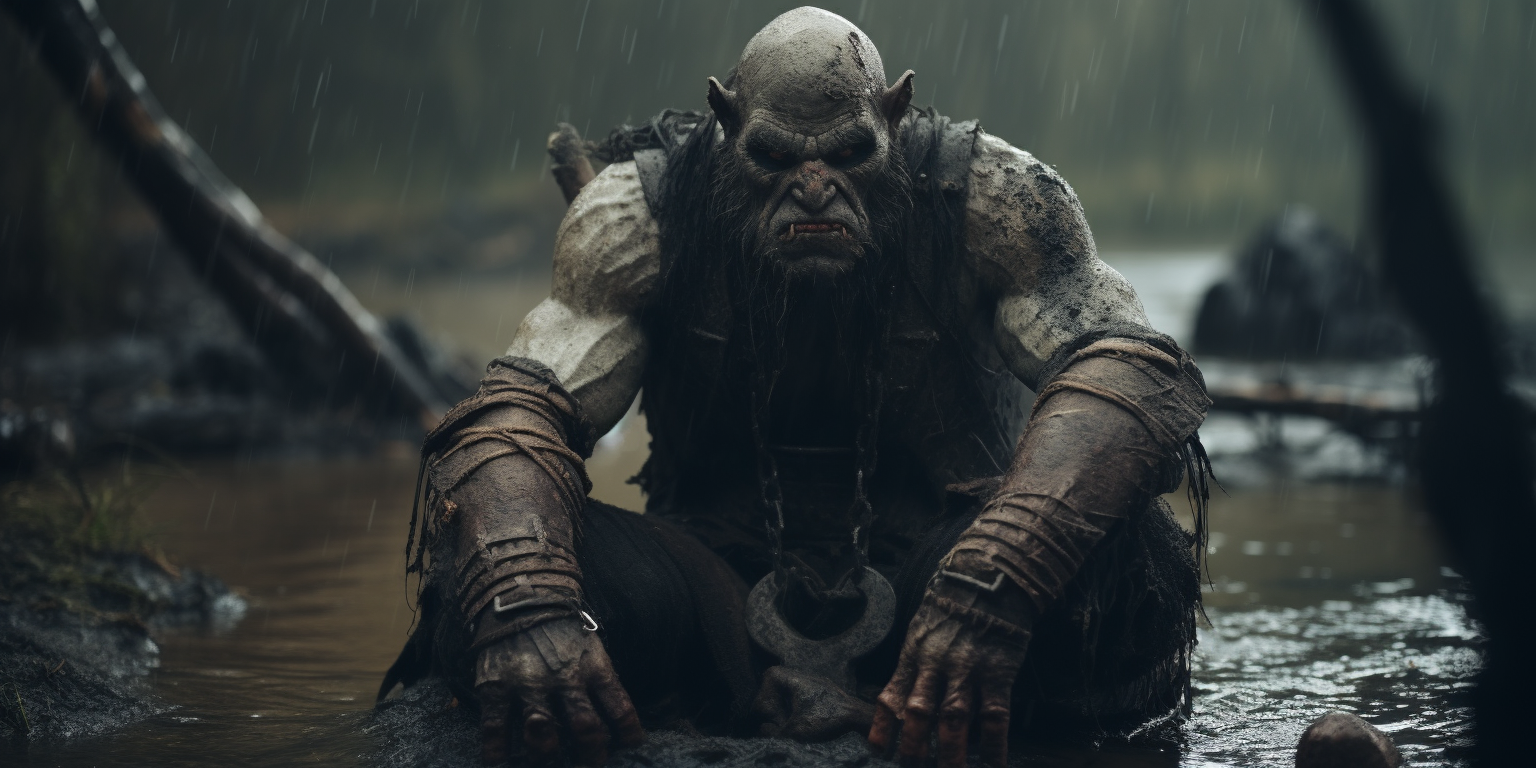 Grimdark orc chained in muddy swamp