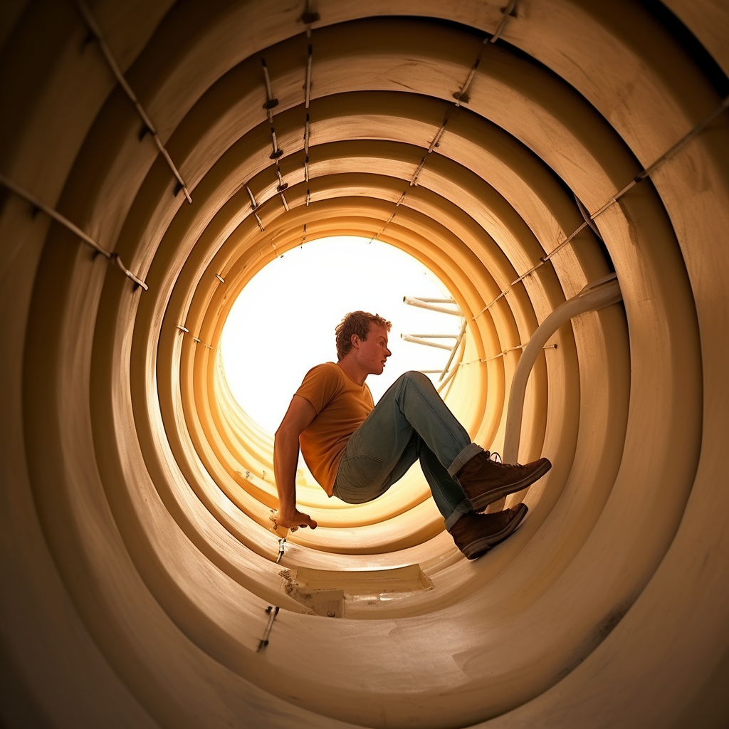 Adventurous climber exploring giant pipe