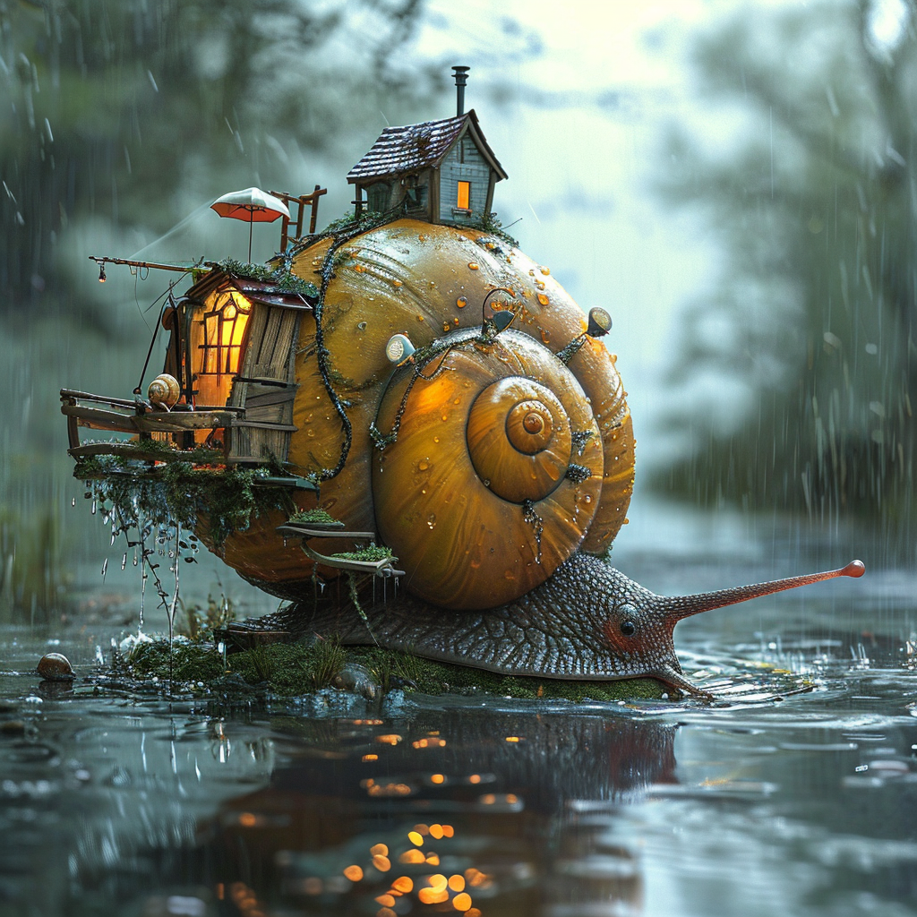 Giant snail in rain with house