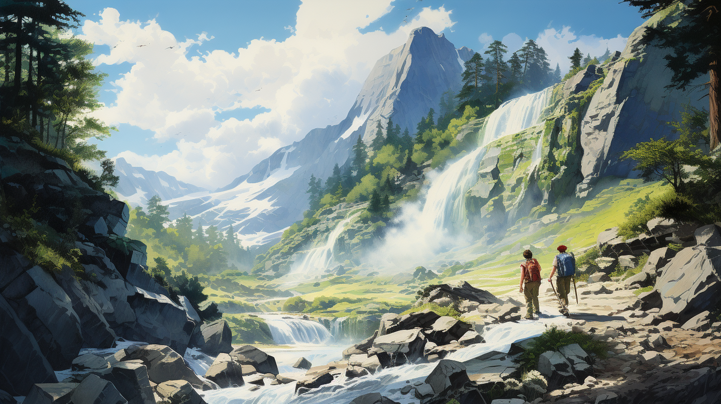 Watercolor of a giant waterfall surrounded by scenic mountains and two hikers