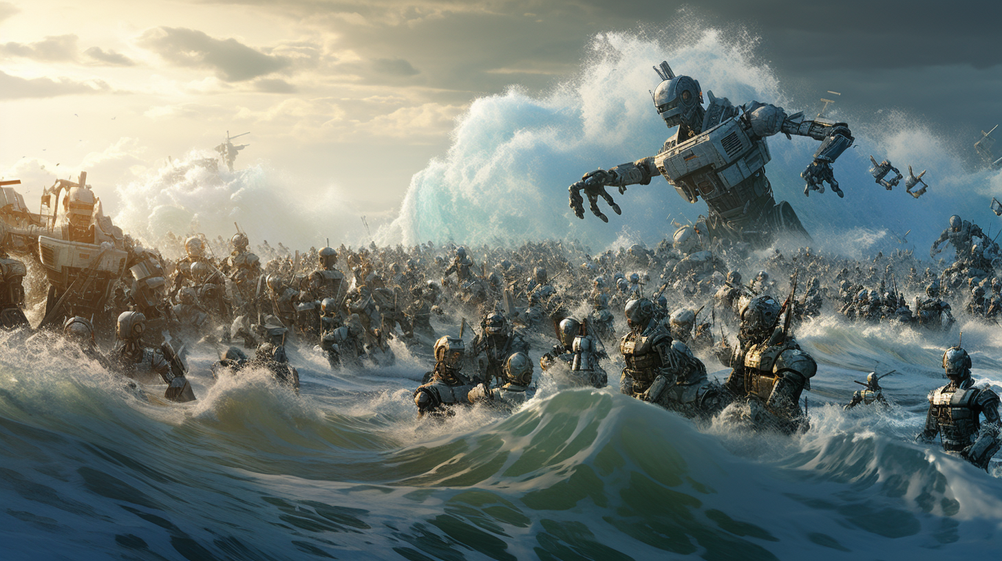 Humorous animated giant wave of robots