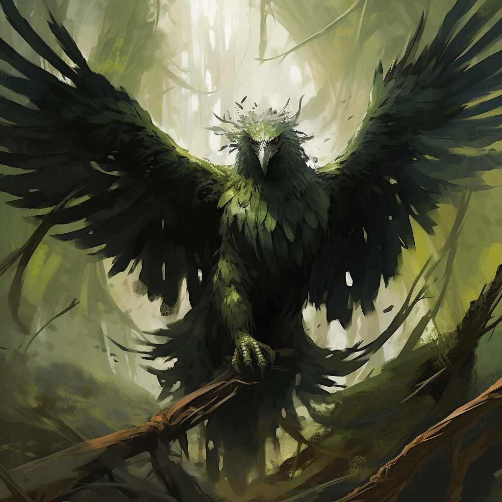 Hostile giant eagle with green seaweed wings