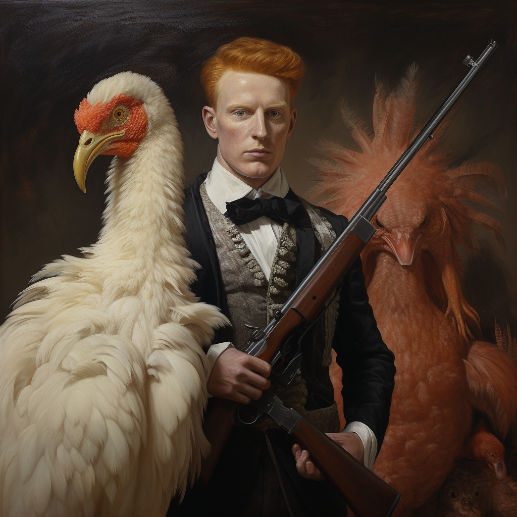 Ginger riding ostrich with gun