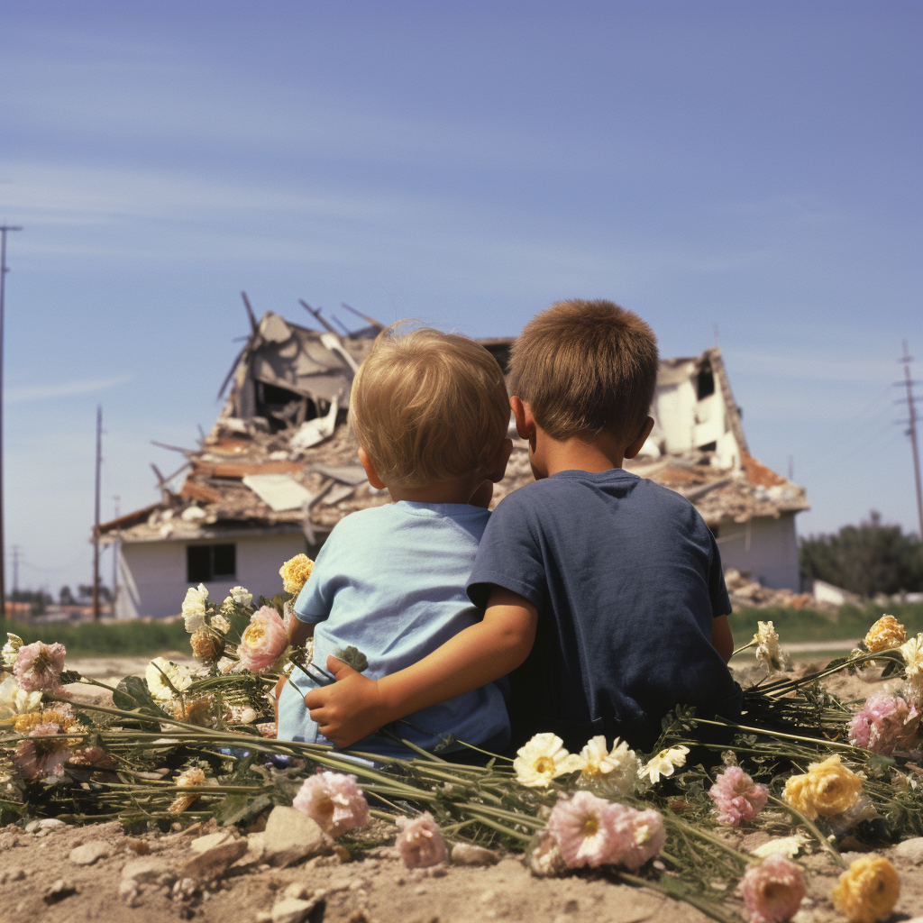 Two boys with ginger hair hugging at Kibbutz Beeri