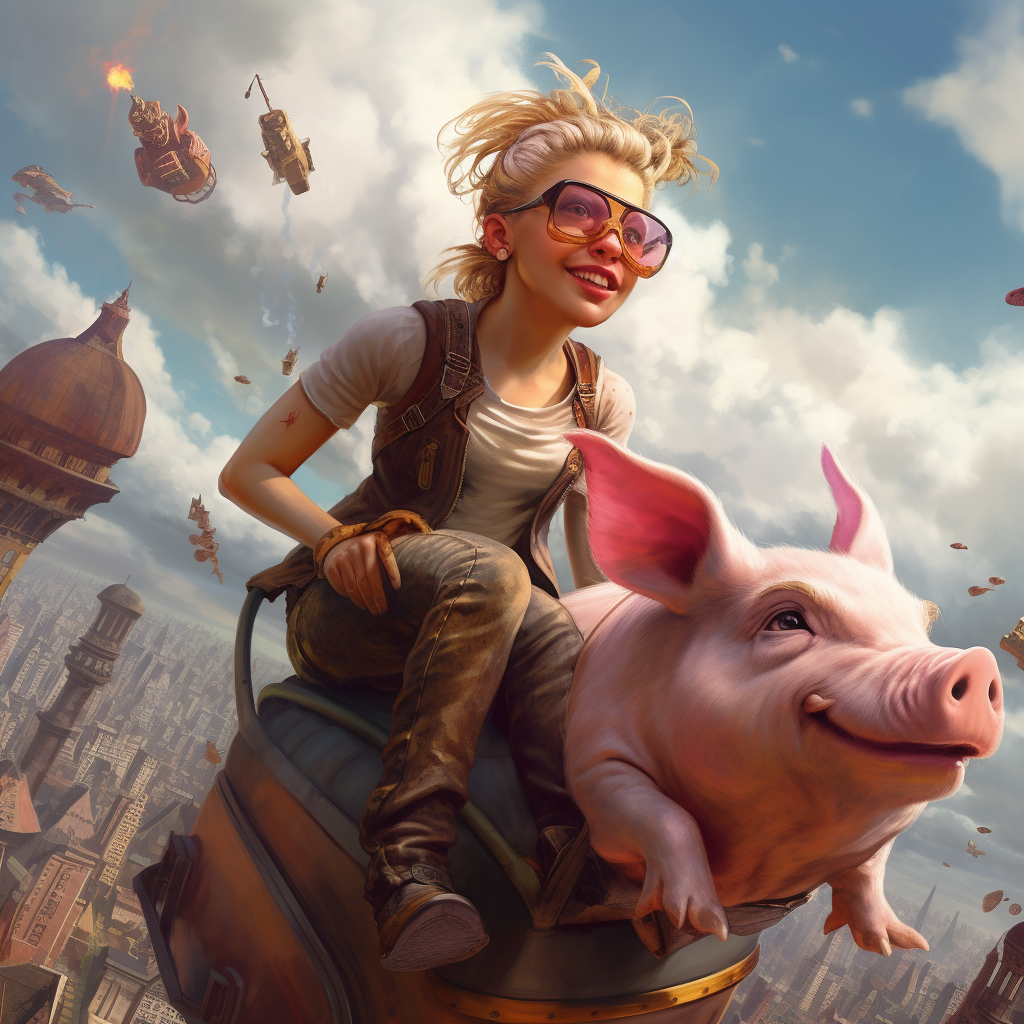 Girl riding cyborg pig in city