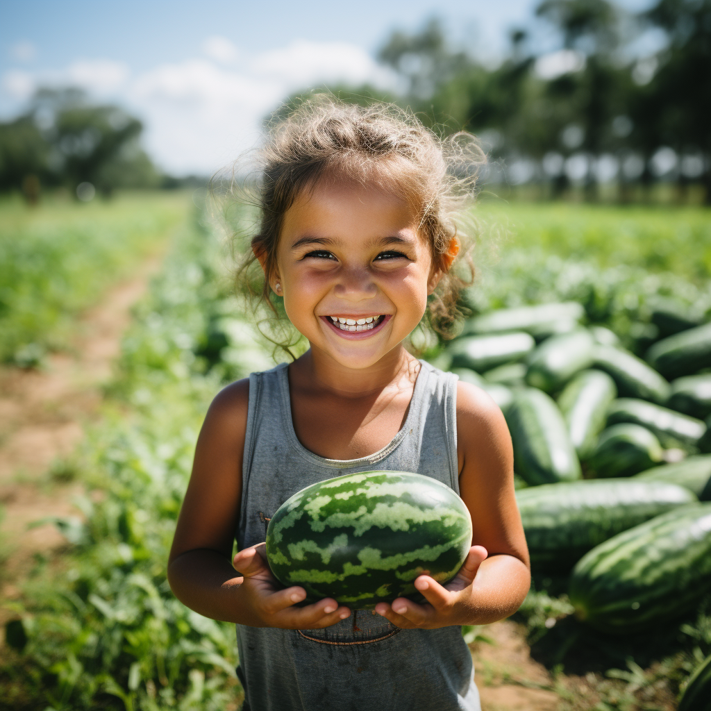 Little girl eating watermelon on farm