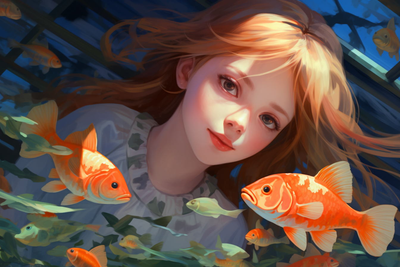 Girl holding a goldfish in a botanic garden