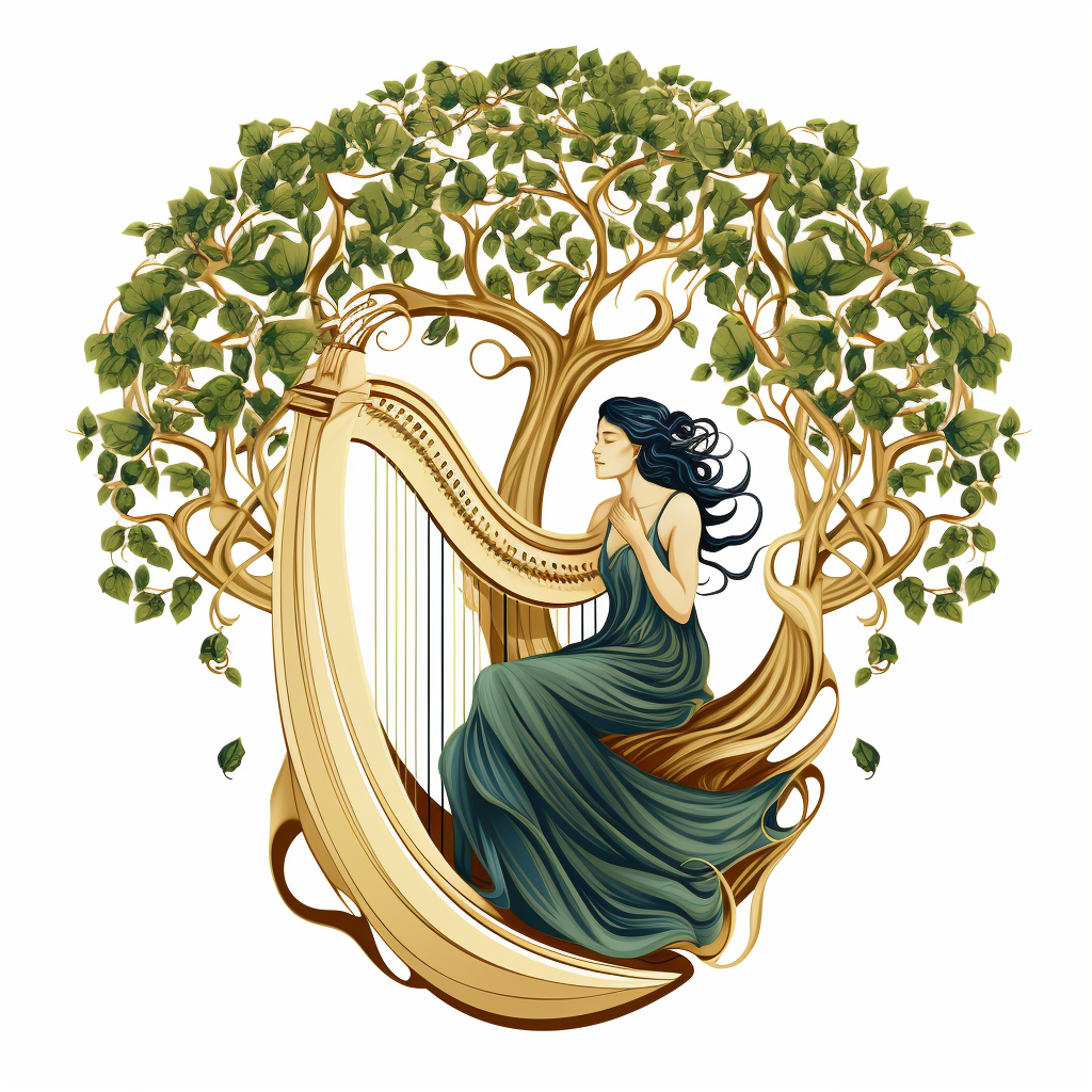 Girl playing harp in a growing tree