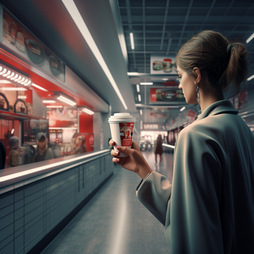 Girl holding coffee cup in futuristic supermarket