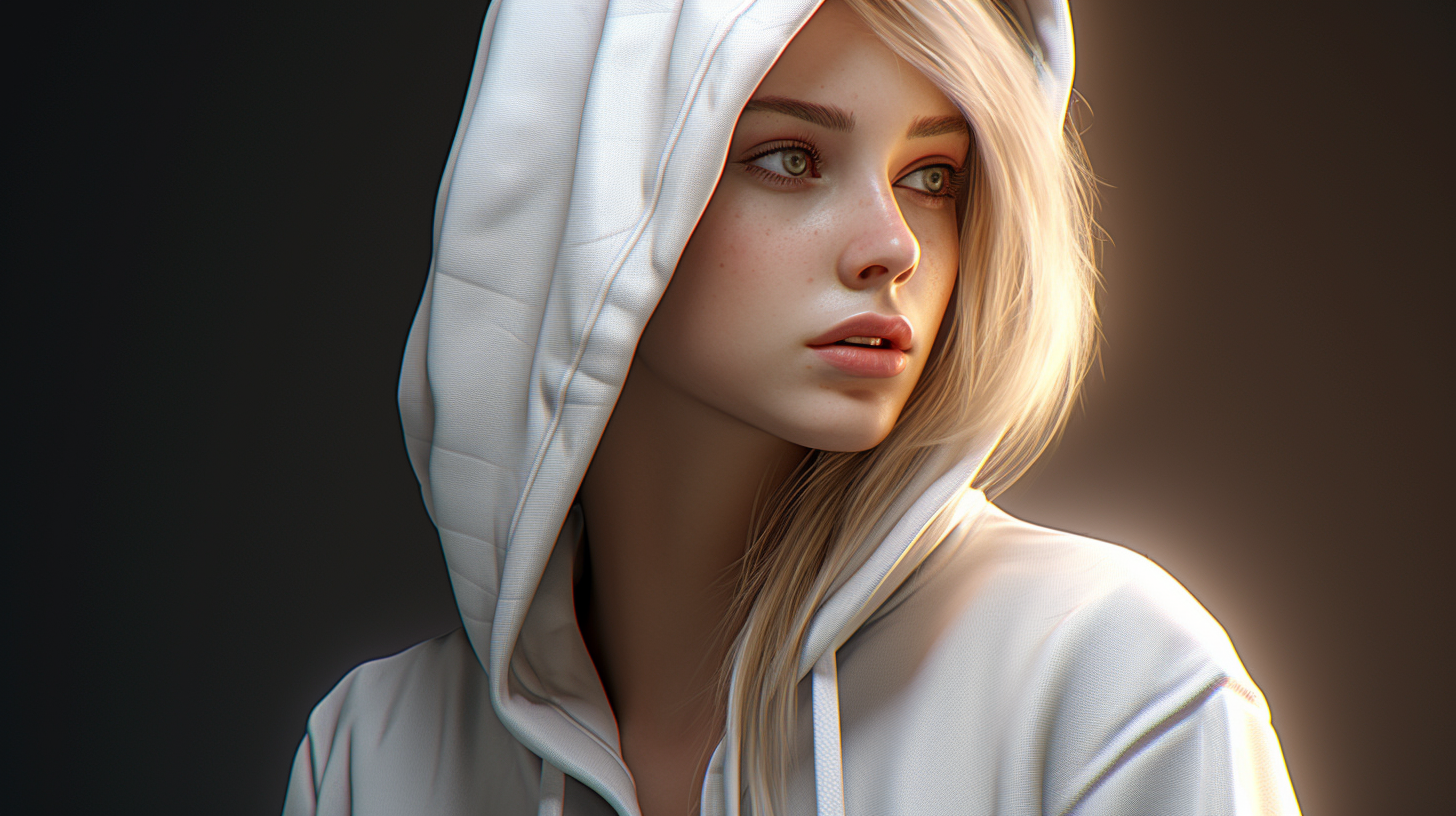 Fashionable girl model wearing white hoodie looking to the side