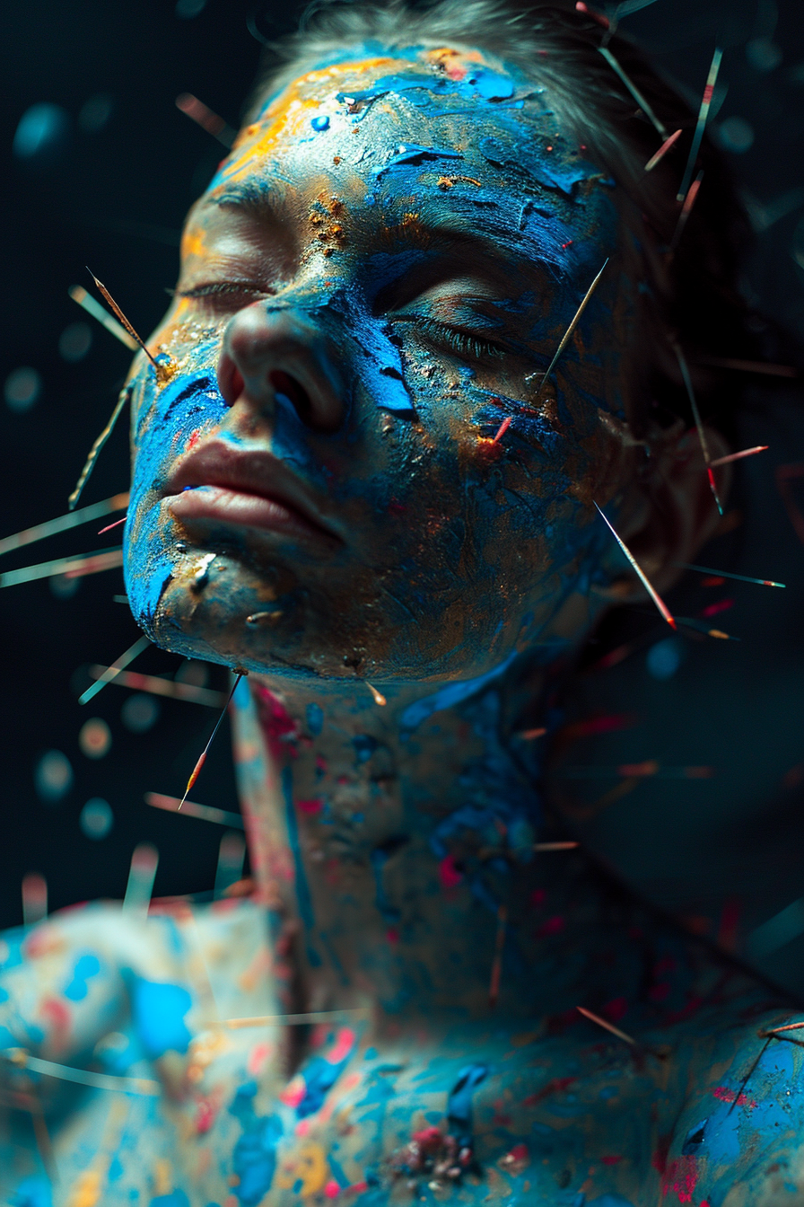 Girl with needles in face and blue sand on chest