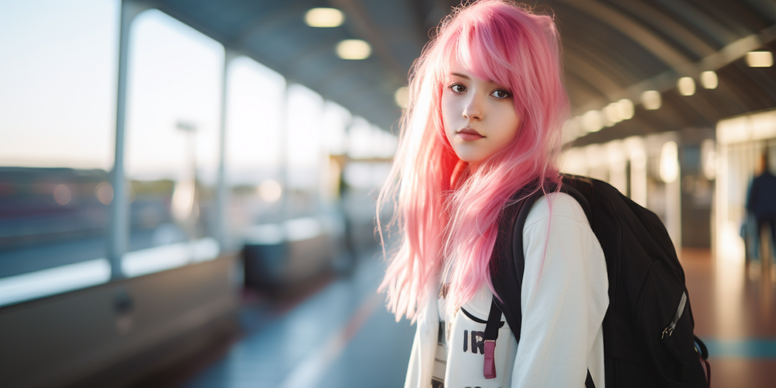 Girl with pink hair and backpack