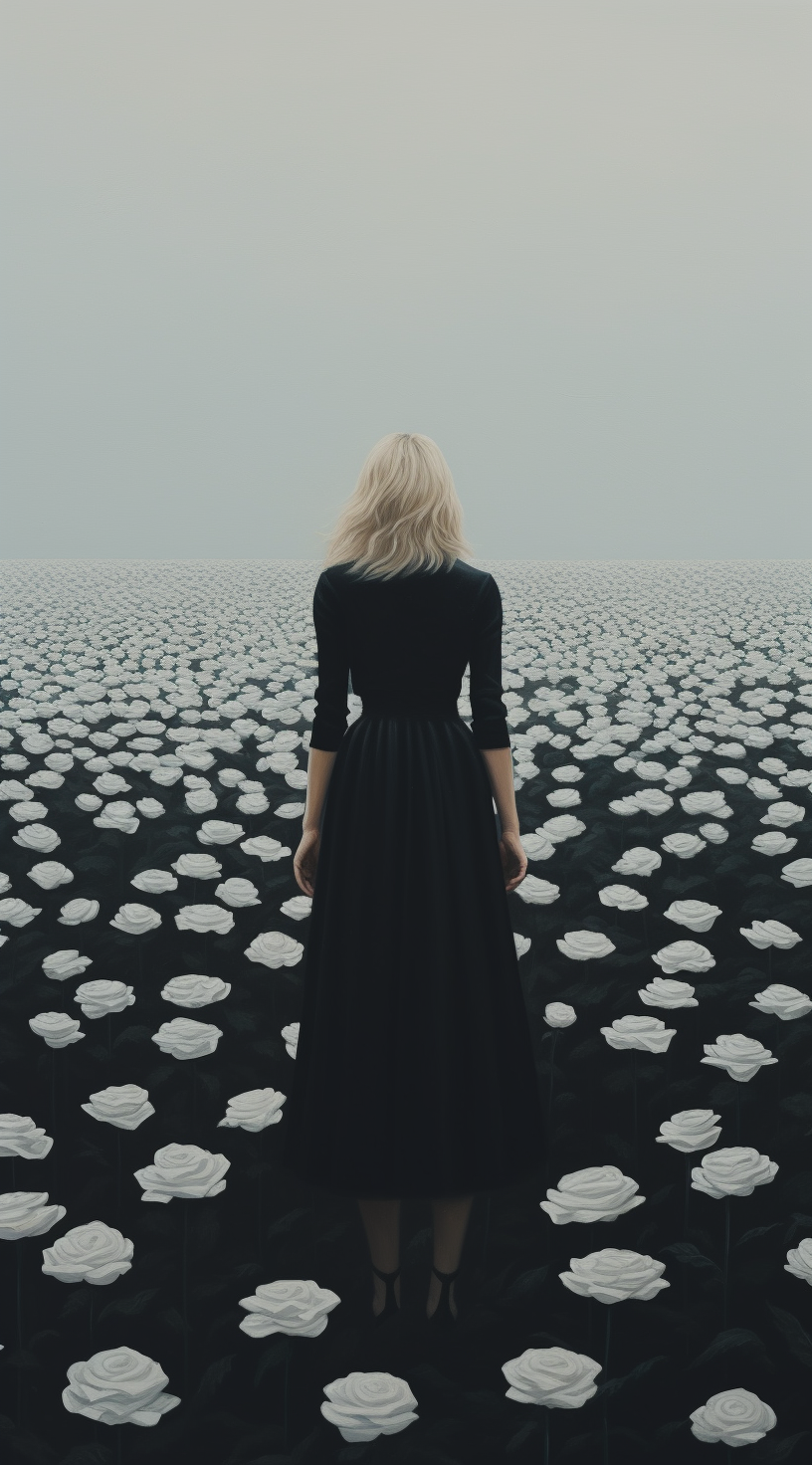 Girl in Polka Dot Dress in White Rose Field