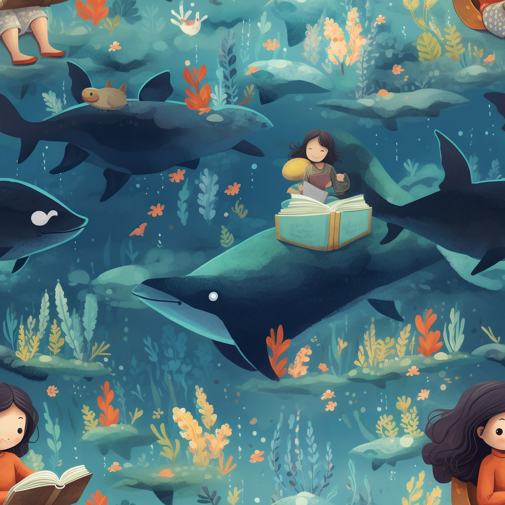 Girl reading book to whale underwater