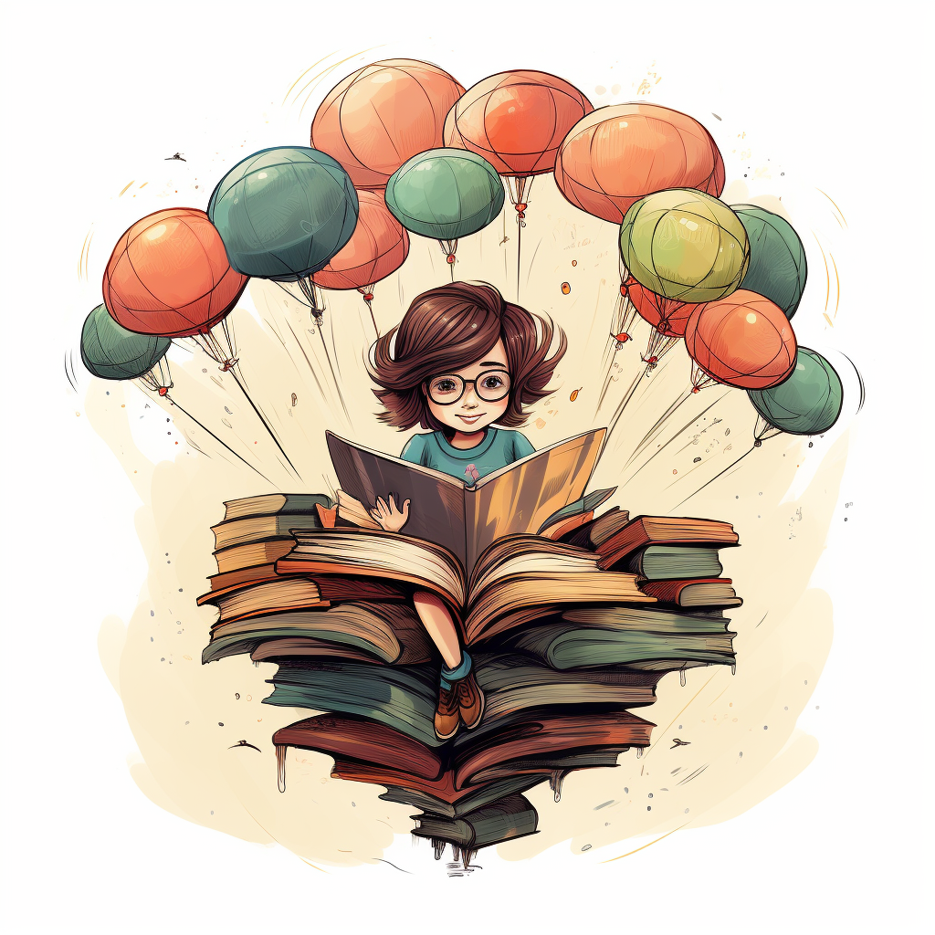 Little girl reading in a parachute made with books