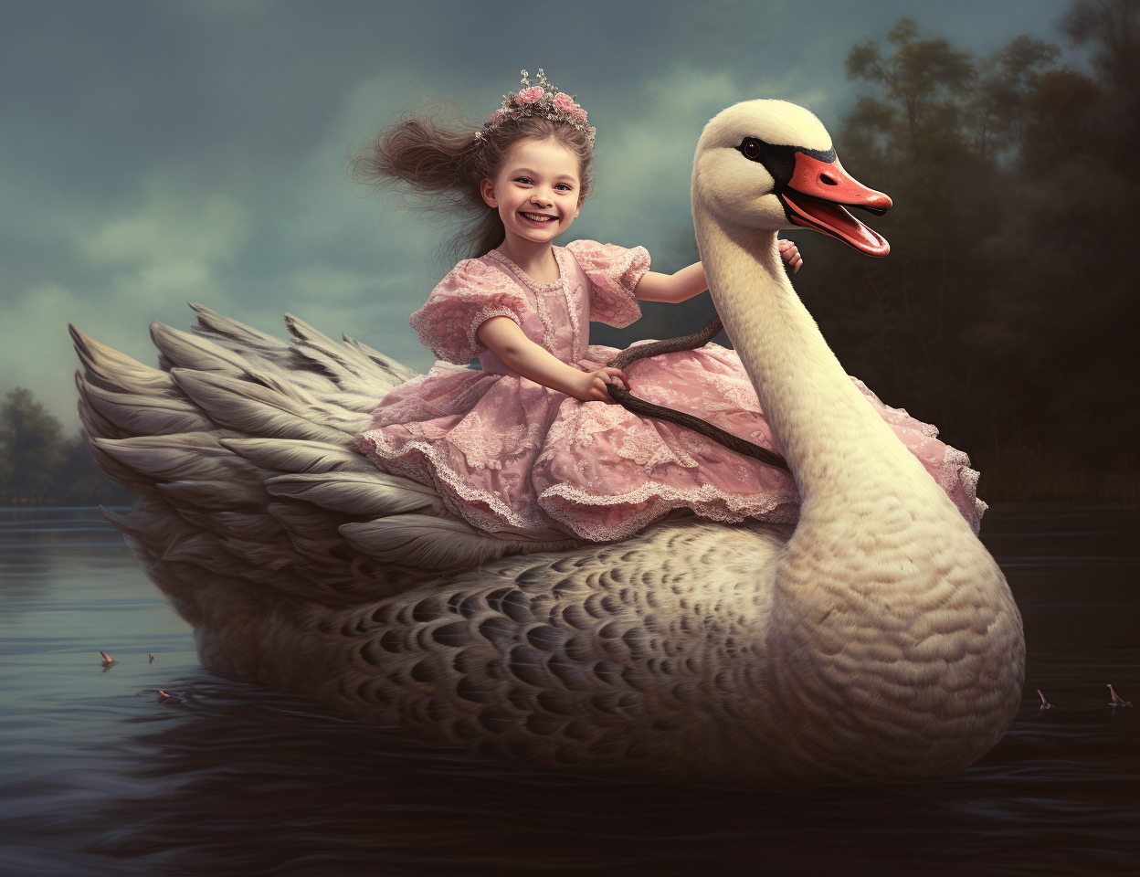 artwork of girl riding swan