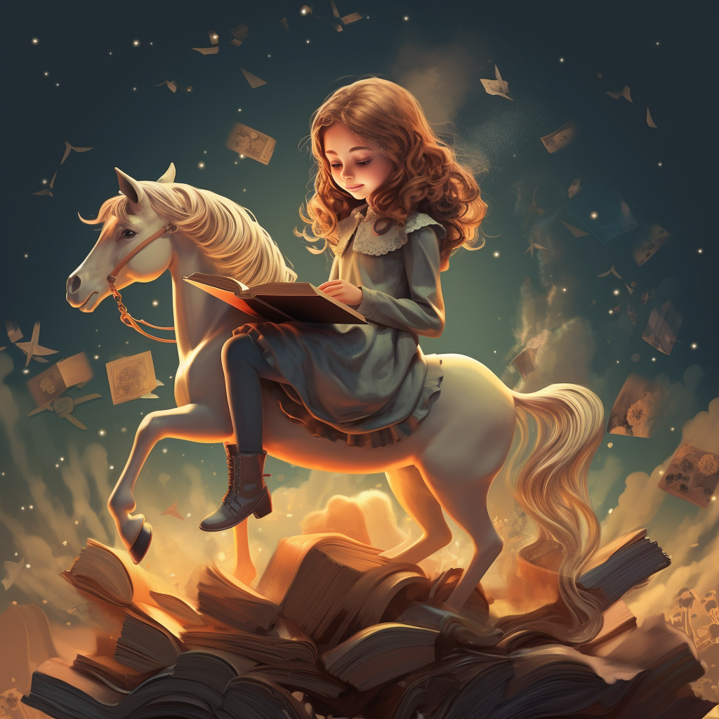 Cartoon girl on magic book with horse legs