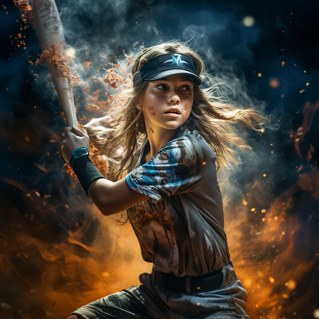 Young softball player swinging bat