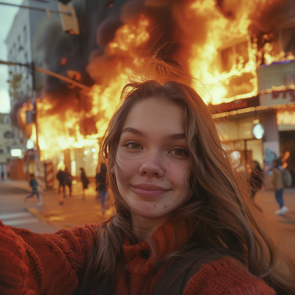 Girl taking selfie with fire