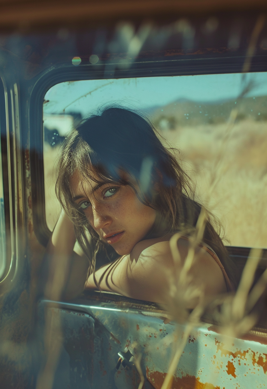 Girl sitting in truck in desert