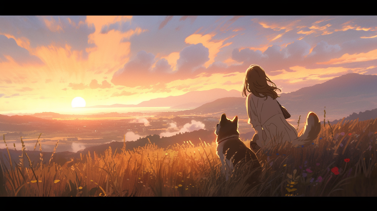 Girl watching sunrise with dog in field