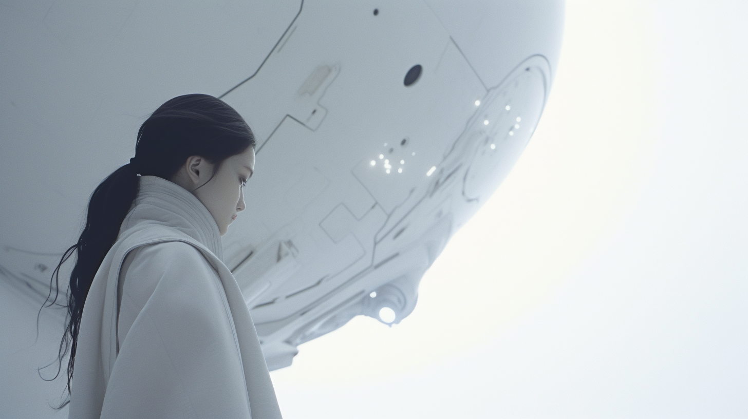 Girl in front of white spacecraft