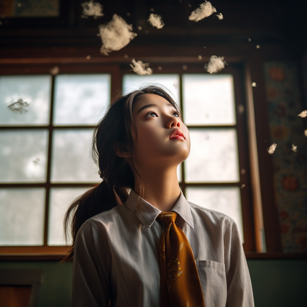 Girl in Japanese Minimalist Classroom Looking Up