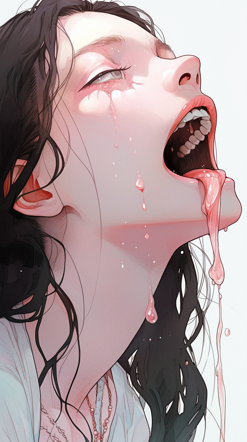 Seductive girl portrait with mouth dripping, Milo Manara style