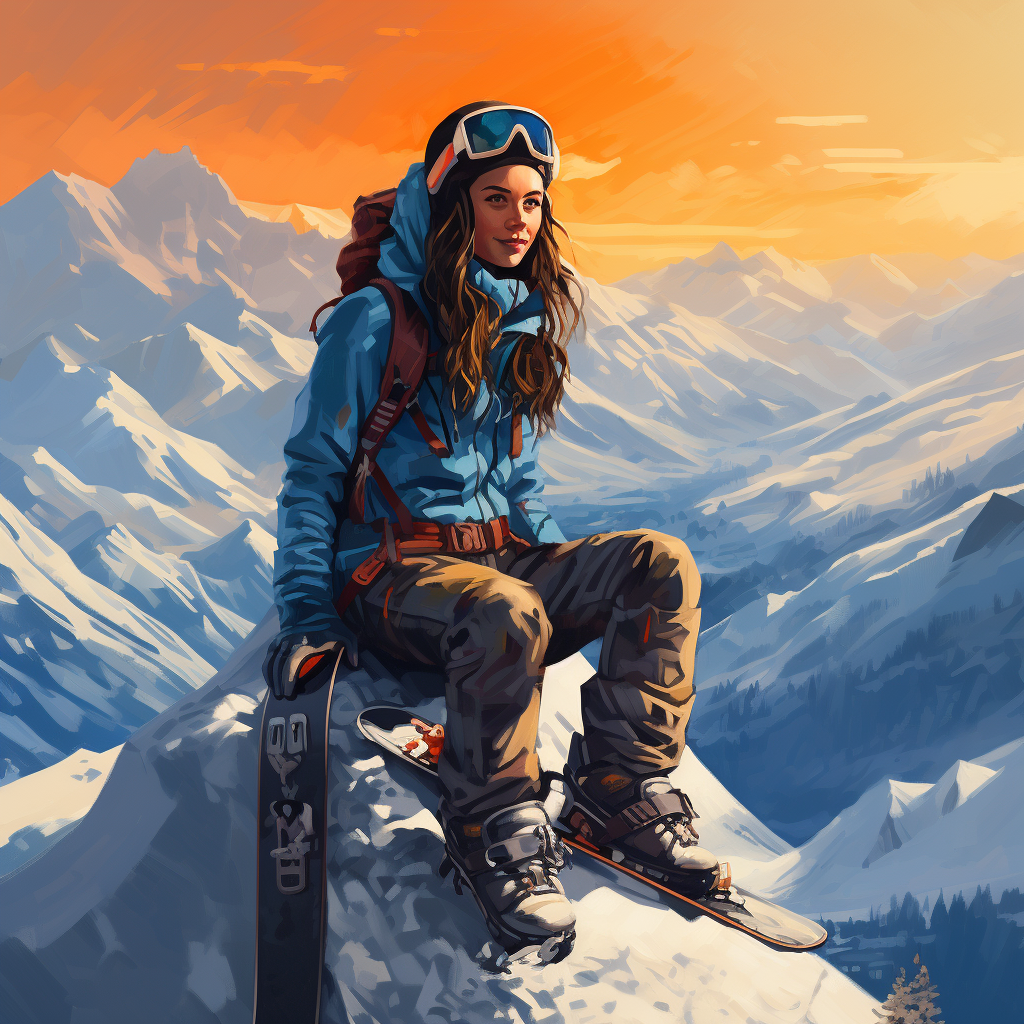 Girl snowboarding in the mountains