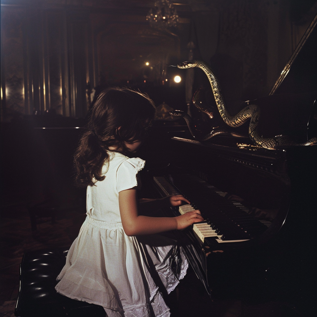 Little girl playing piano with snake