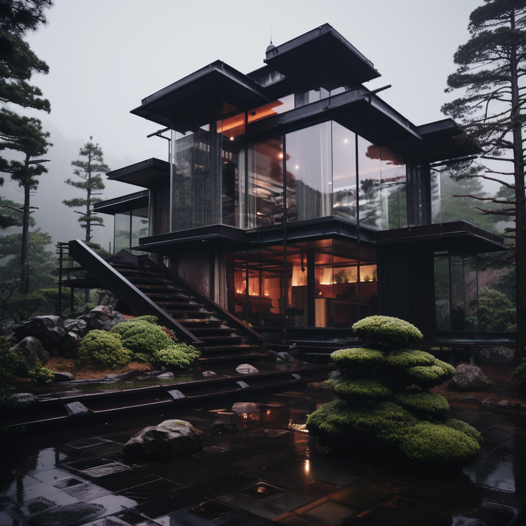 Glass house in mountains with Japanese architecture