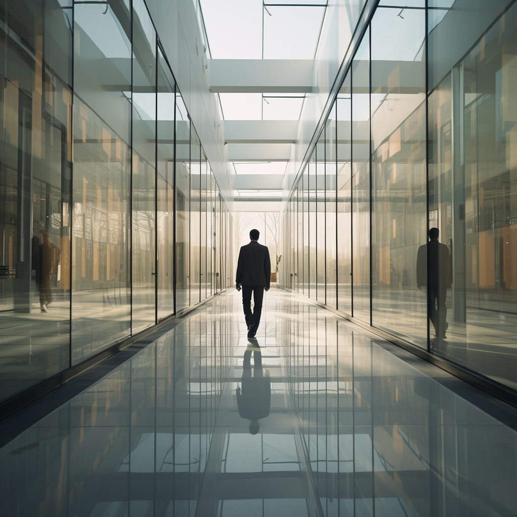 Man walking through glass window classrooms