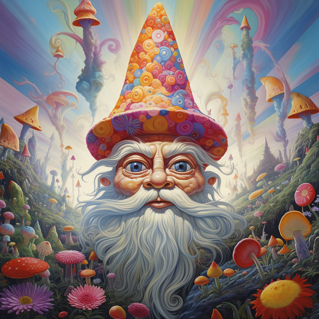 Colorful gnome in psychodelic pattern