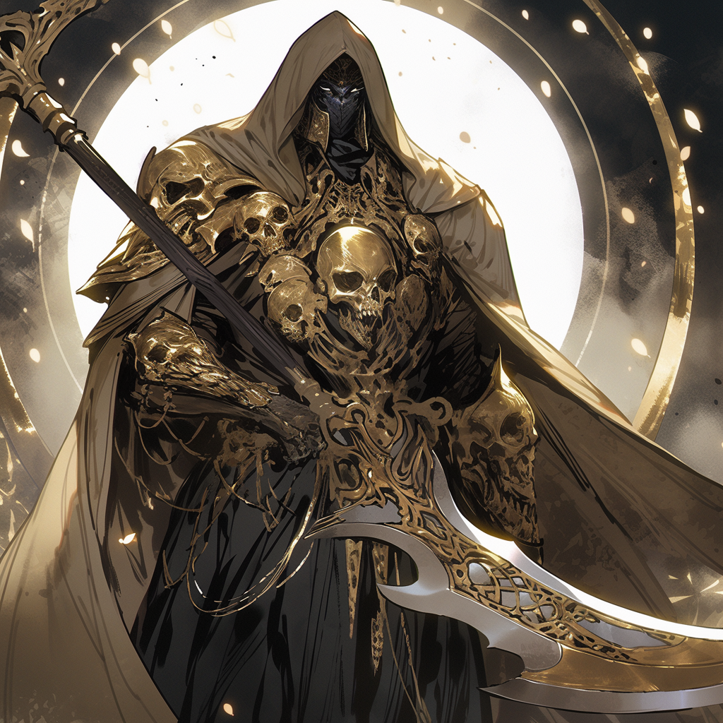 Powerful gold armored man with scythe