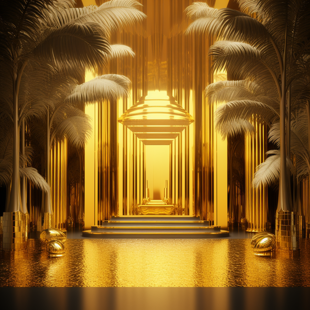 Cinematic gold room with 3D door and grey shaded palm tree leaves