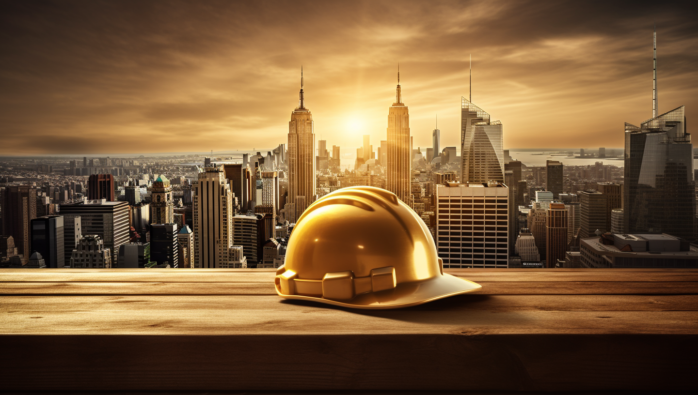 Gold hard hat overlooking skyscrapers