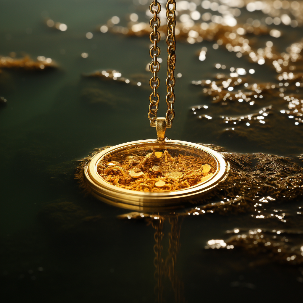 Glimmering gold necklace submerged in lake's depths