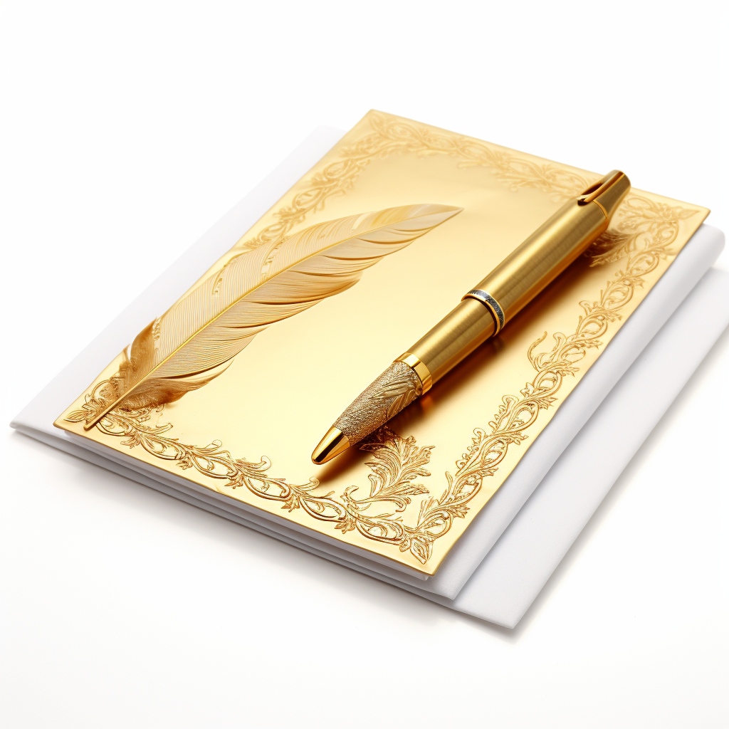 Gold paper and pen on white background