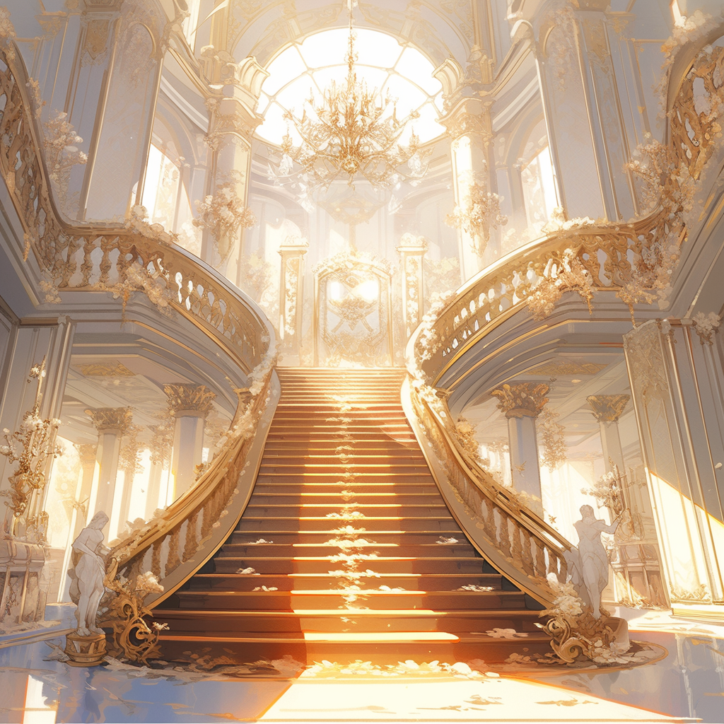 Beautiful golden interior with boxes, stairs, and decorations