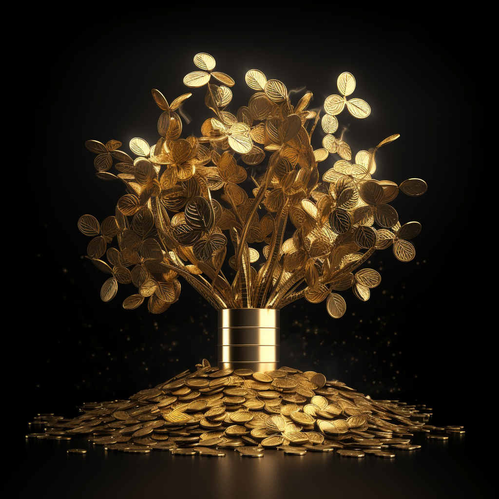 Shiny golden tree with growing coins and gifts