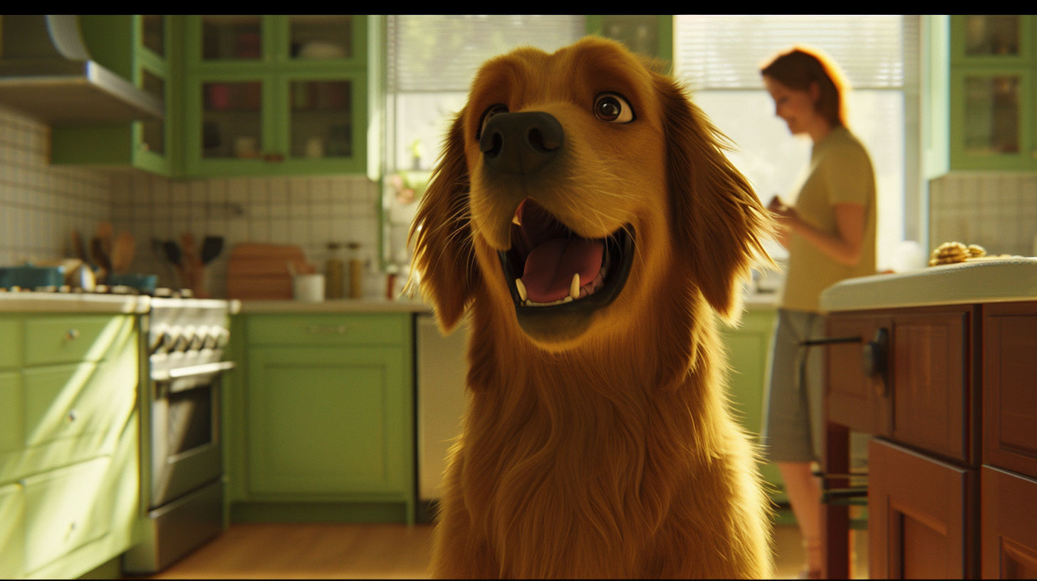 Golden Retriever Drooling in Cozy Kitchen