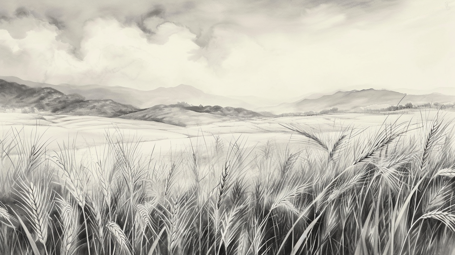 Chinese ink painting of golden wheat fields