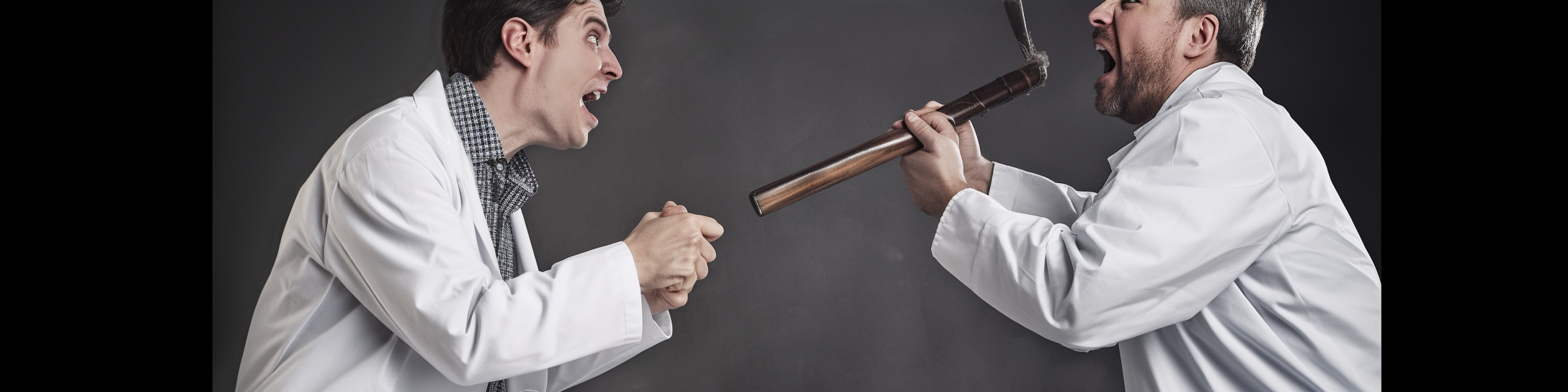 Man yelling at scientist with golf clubs