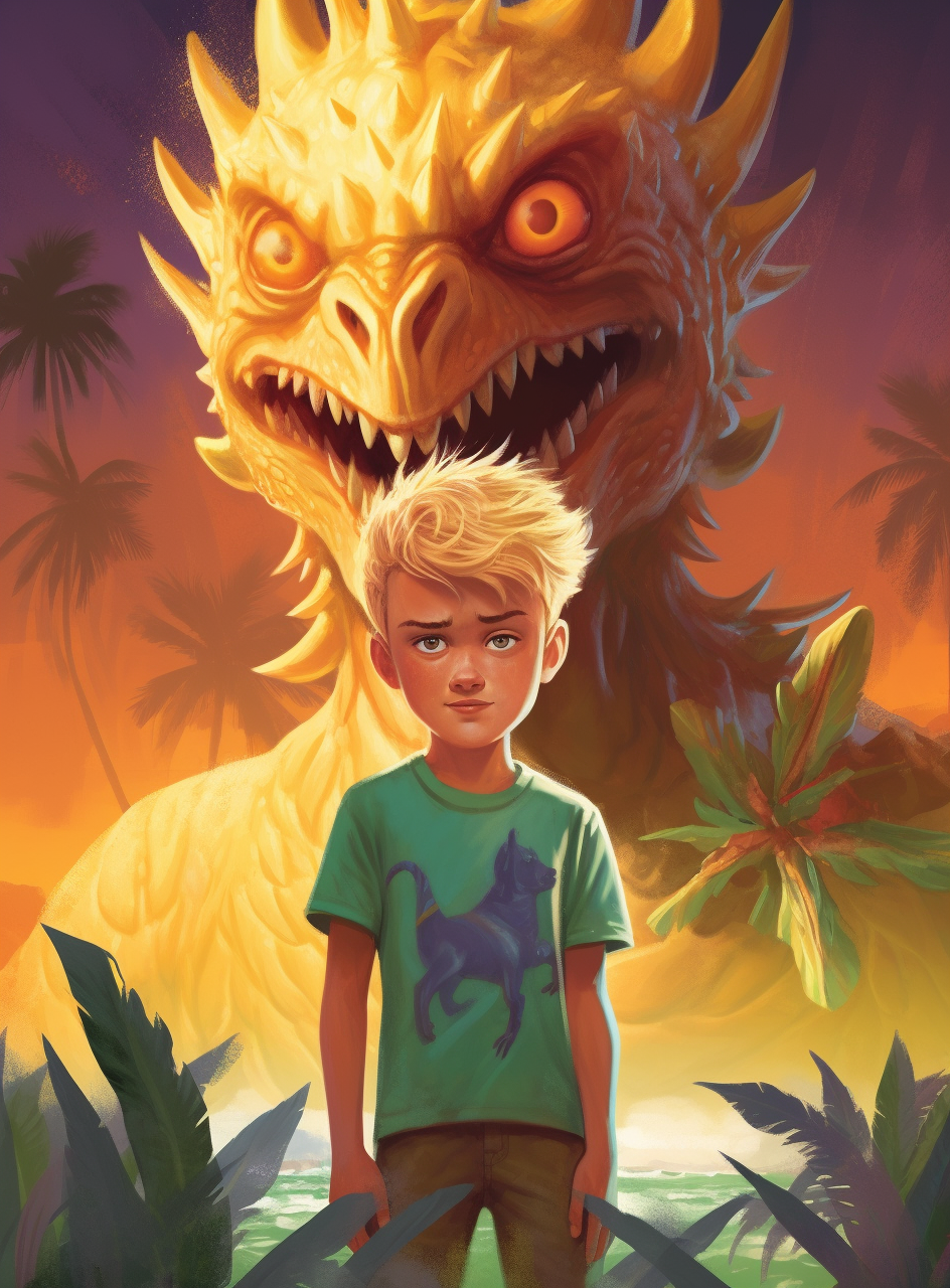 Young boy on tropical beach with kaiju monster